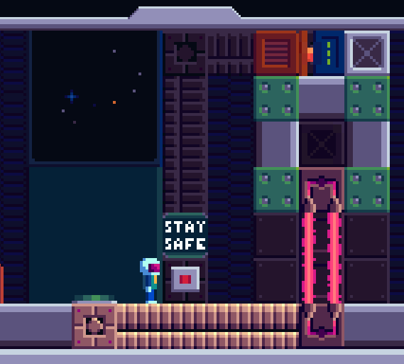 A Stay Safe sign under a crate